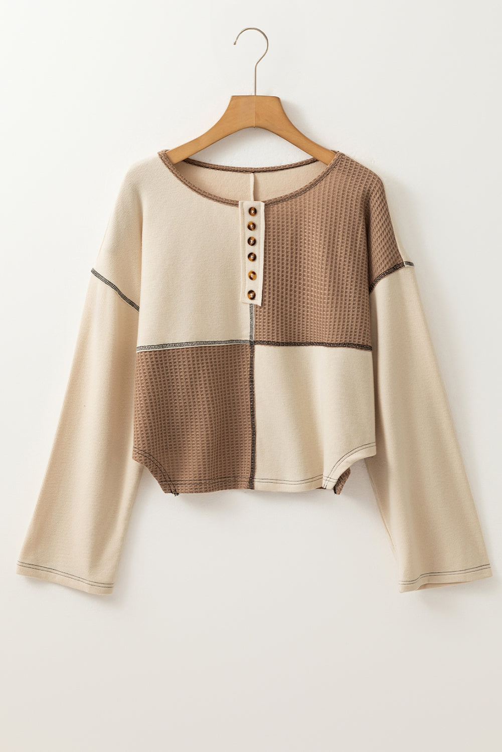 Color Block Waffle Knit Stitch Detail Long Sleeve Top