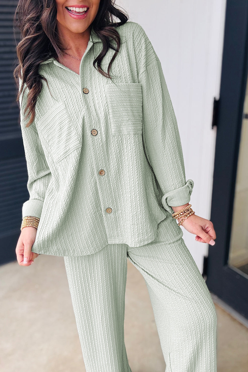 Textured Patched Chest Pocket Shirt and Pants Set