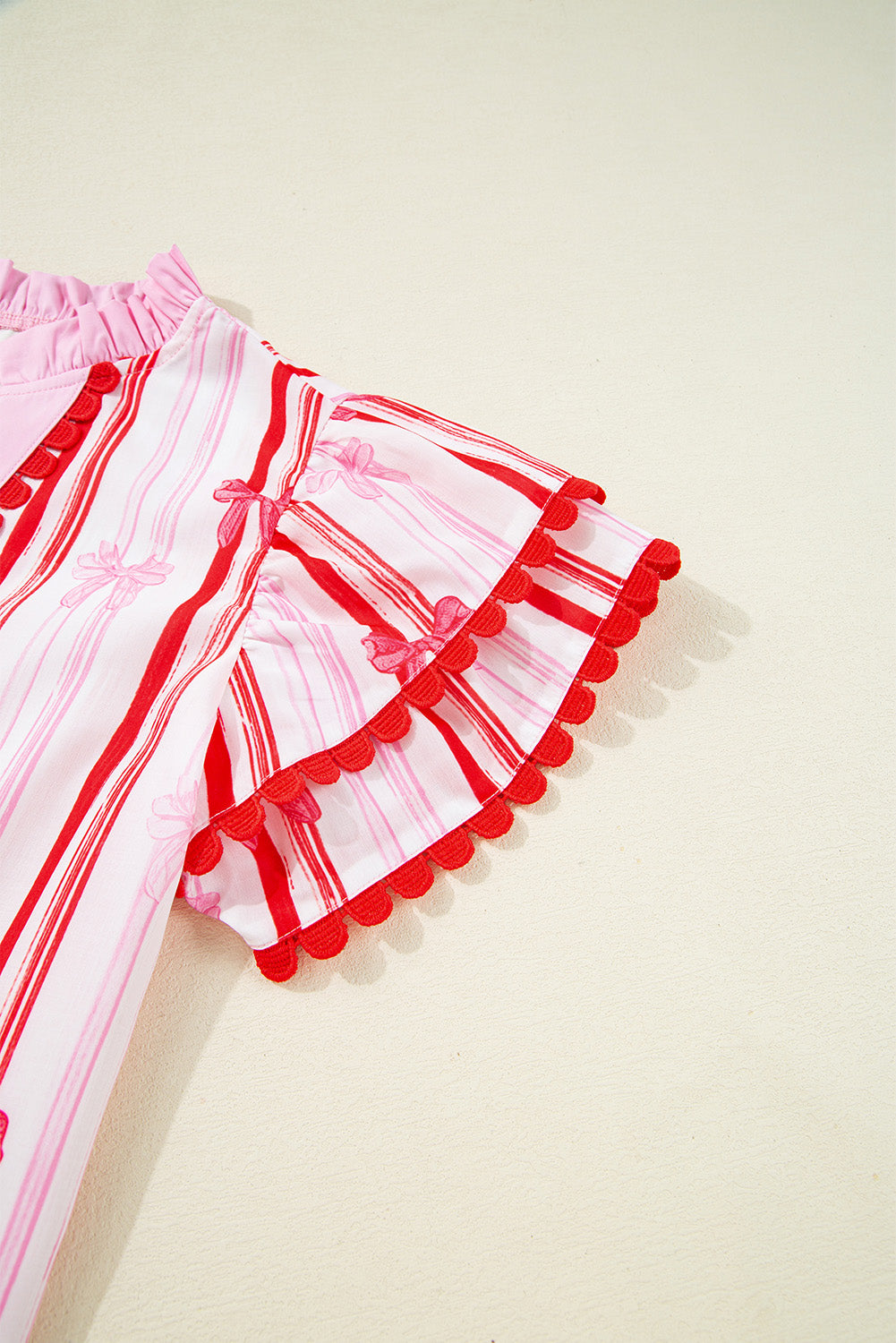 Ric-rac Trim Ruffled Sleeve V Neck Bow Striped Printed Blouse