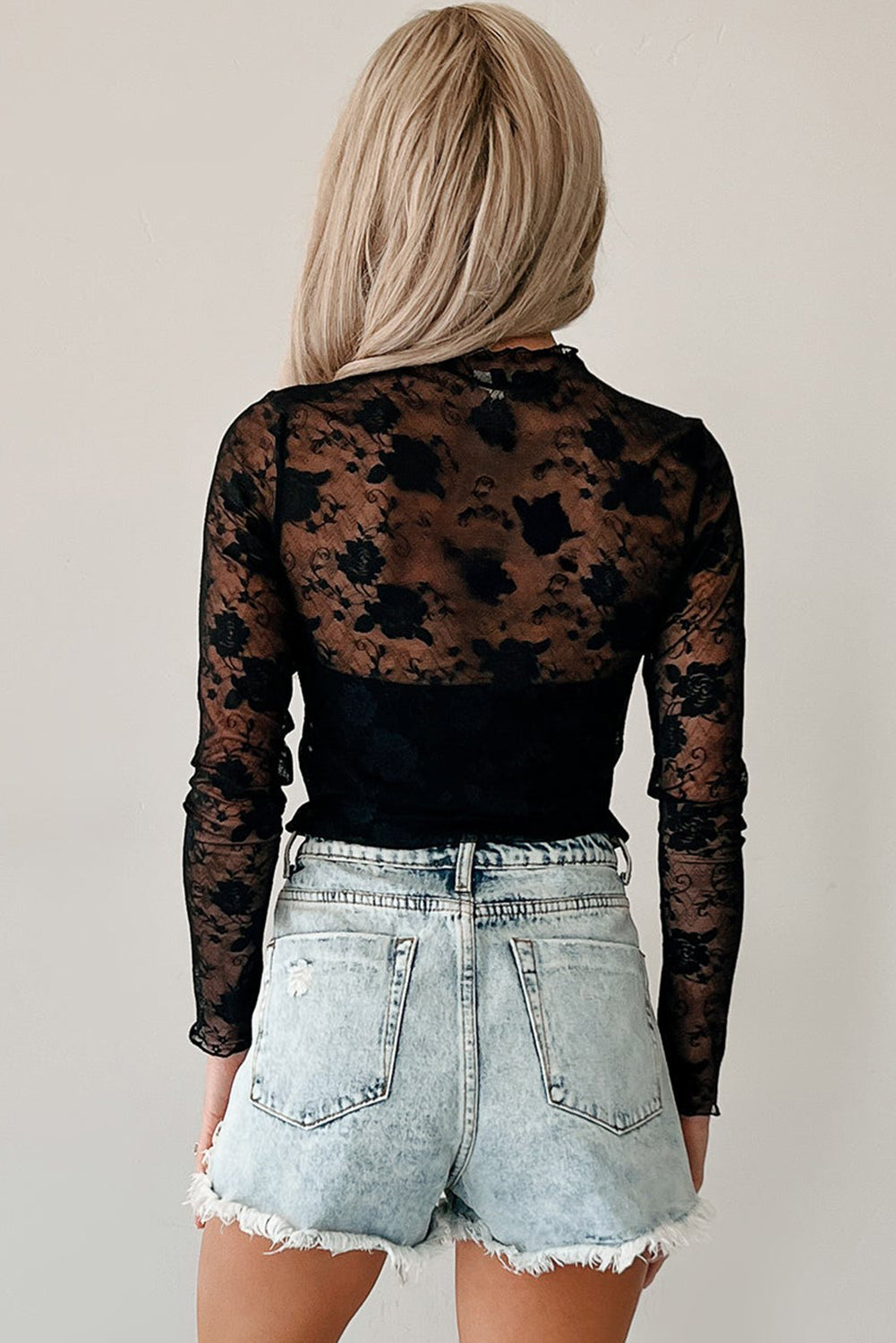 Sheer Floral Lace Mesh Mock Neck Long Sleeve Top