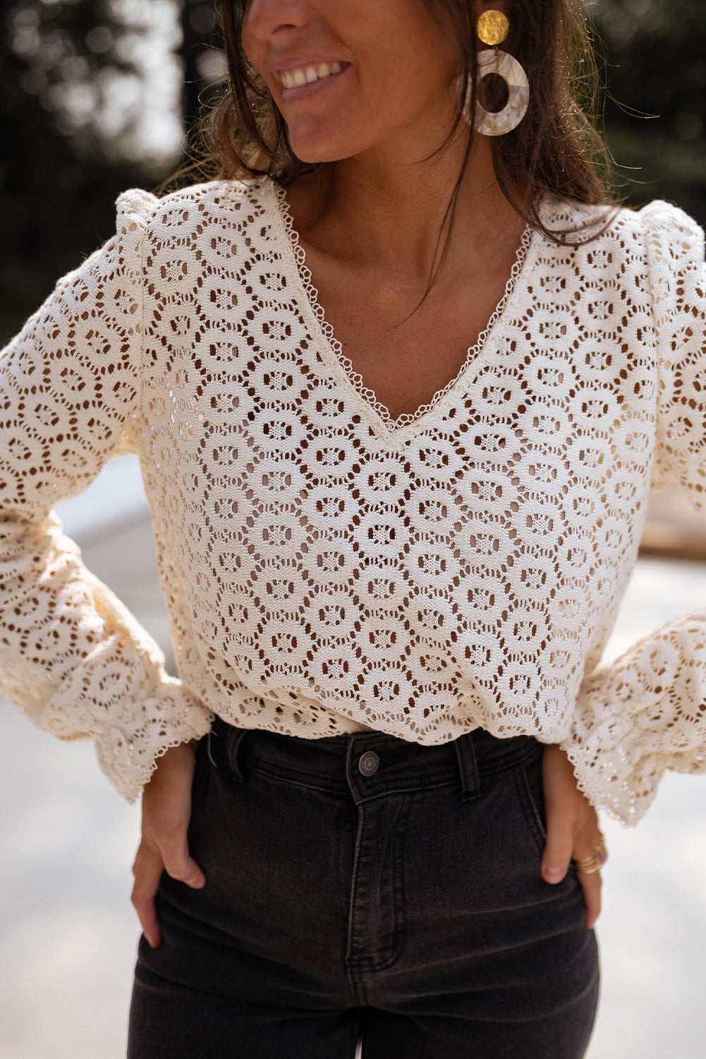 Flower Lace V Neck Ruffled Sleeve Top