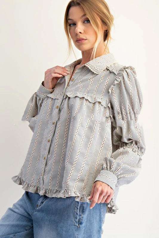 Women's Ruffled Long-sleeved Striped Shirt Jacket