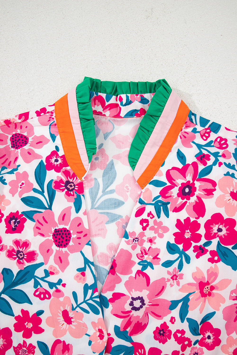 Floral Print Contrast Striped Detail Short Sleeve Blouse