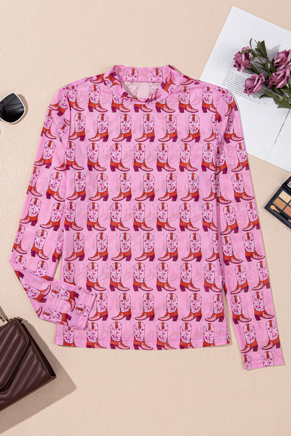 Cowgirl Boots Printed Mock Neck Long Sleeve Mesh Top