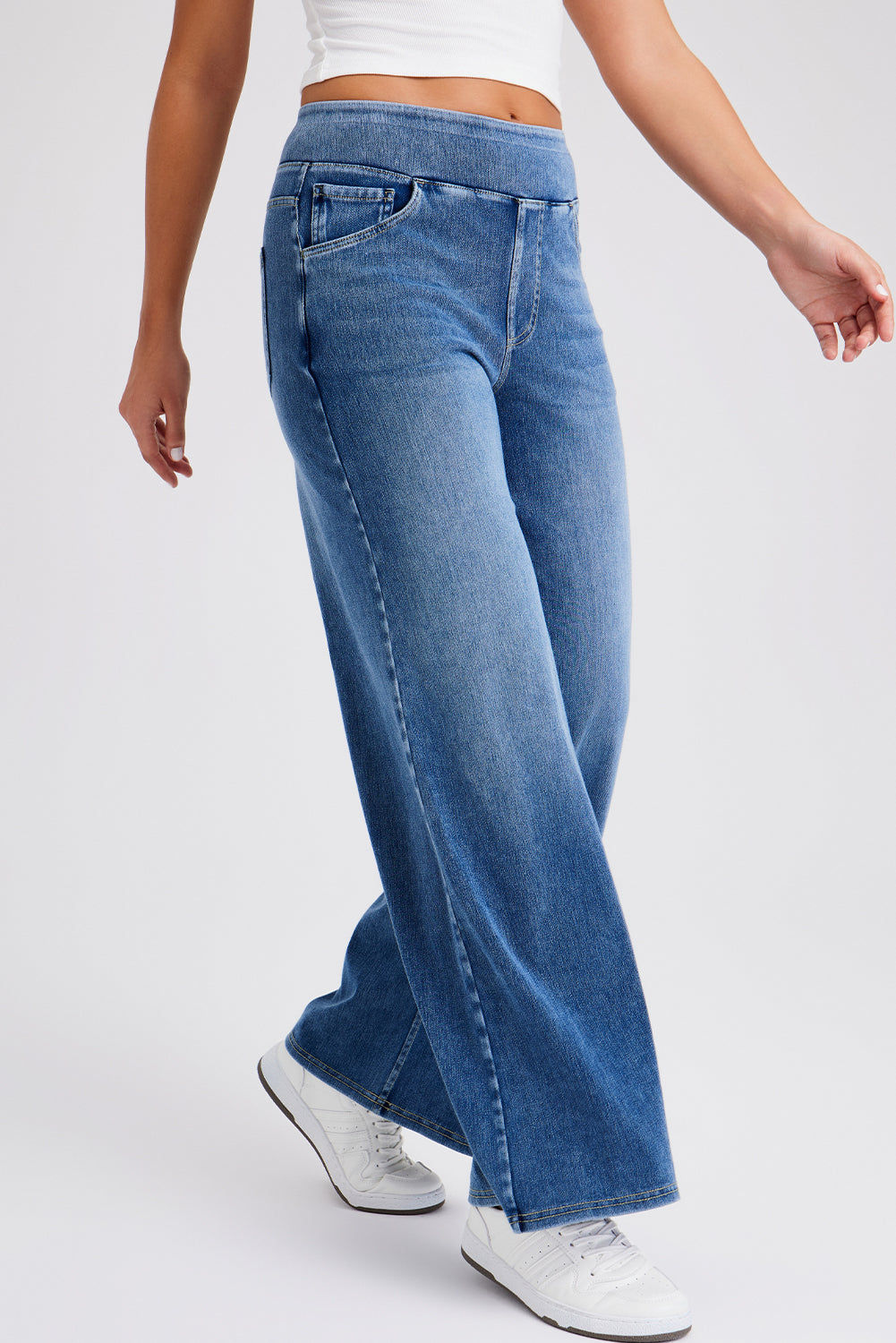 Elastic Waistband Pull On Wide Leg Jeans