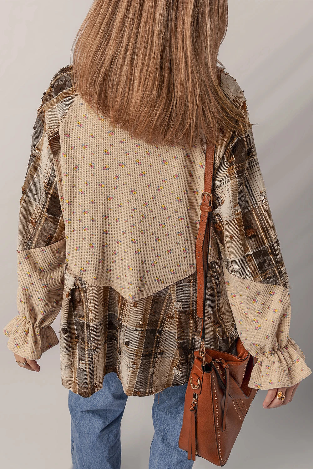 Patchwork Distressed Detail Ruffled Sleeve Waffle Knit Shacket