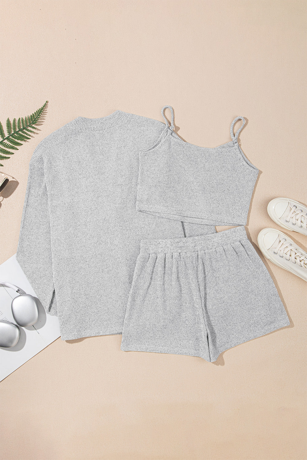 3 Pcs Crop Tank Top Shorts with Cardigan Lounge Set