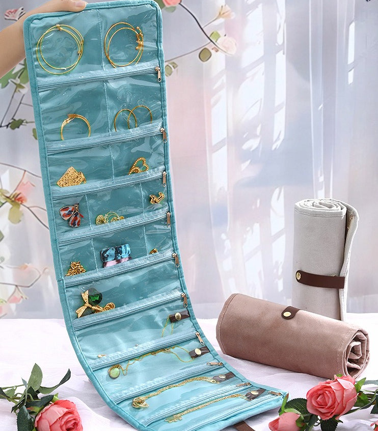 Plush Velvet Travel Jewelry Roll Organizer