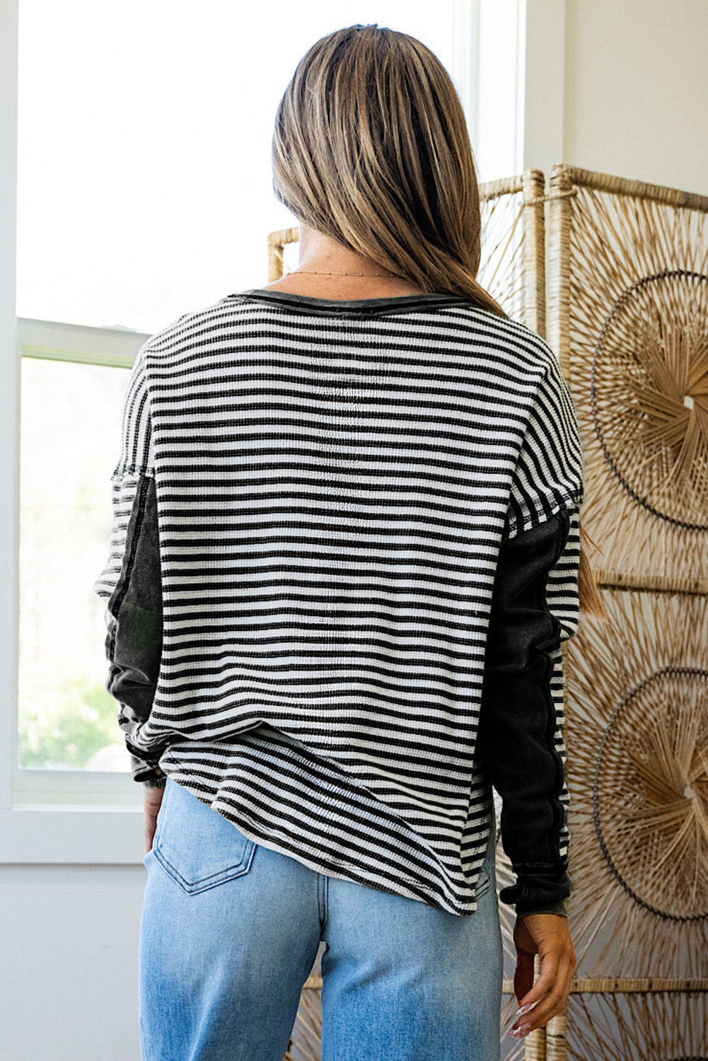 Stripe Thermal Knit Drop Shoulder Casual Top