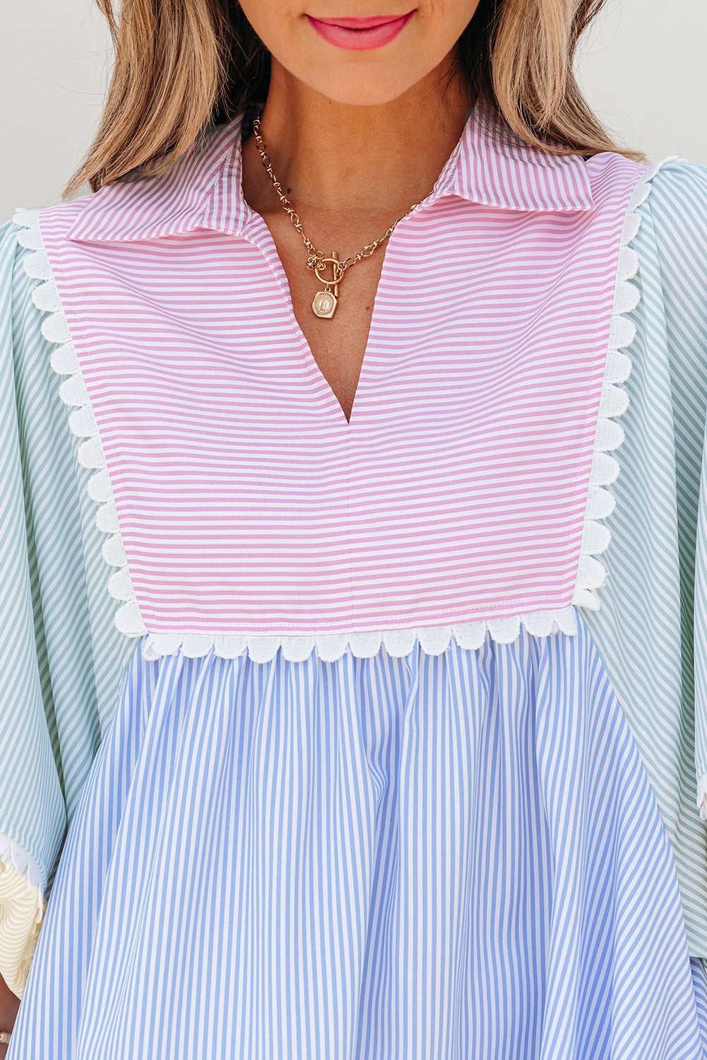Striped Patchwork Ric Rac Puff Sleeve Collared Mini Dress