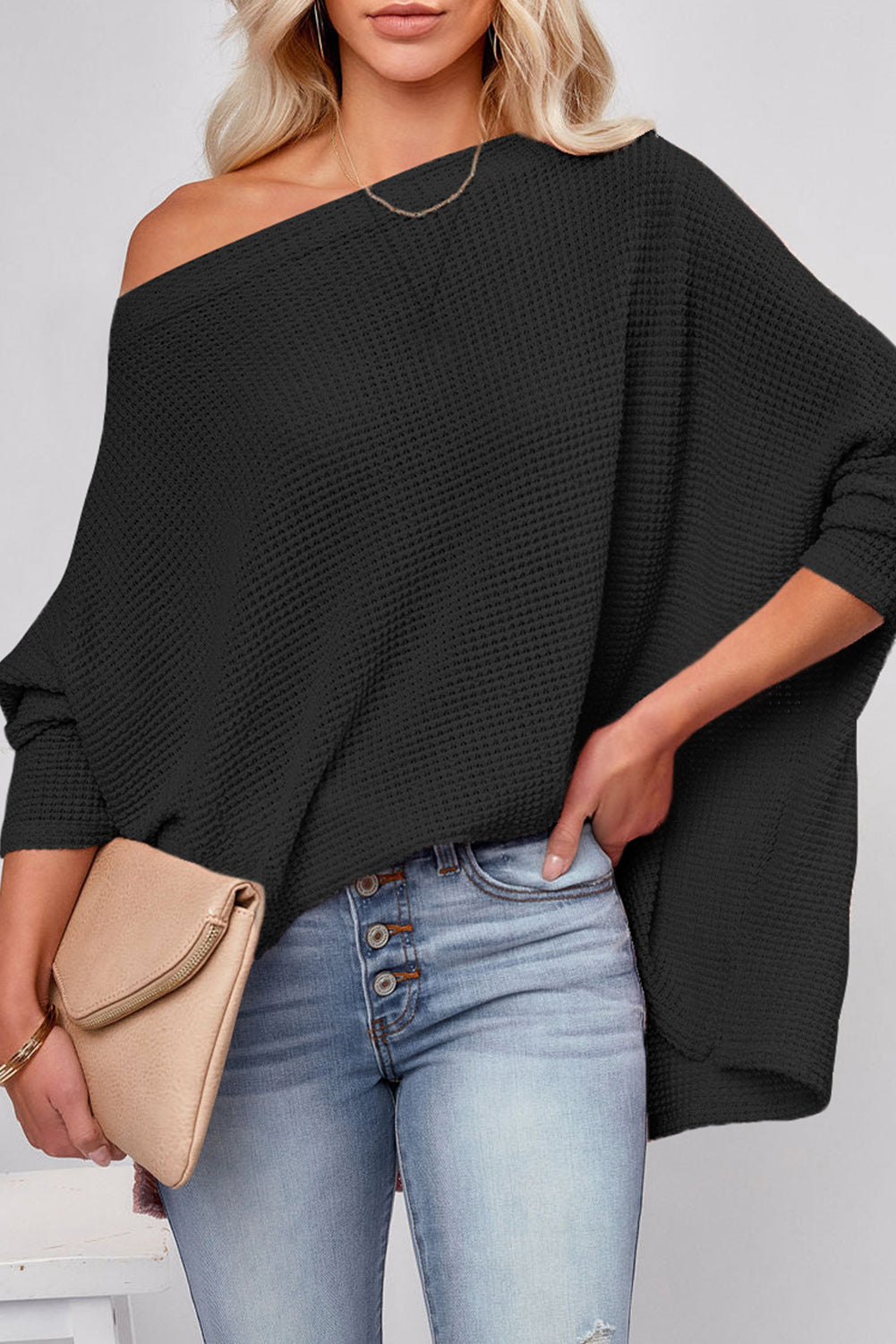 Casual Waffle Knit Eyelet Long Sleeve Blouse