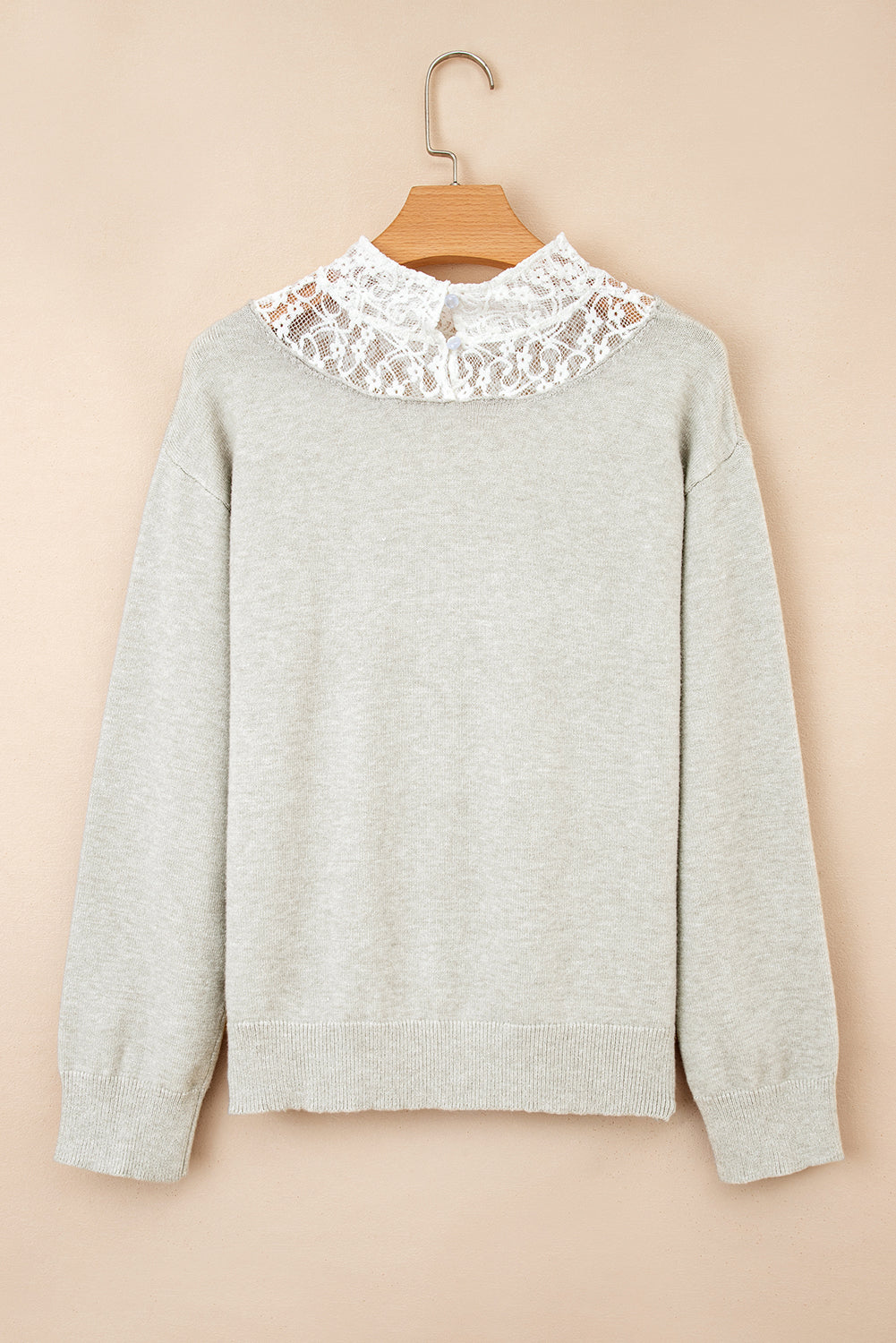 Button Keyhole Lace Patchwork Drop Shoulder Sweater