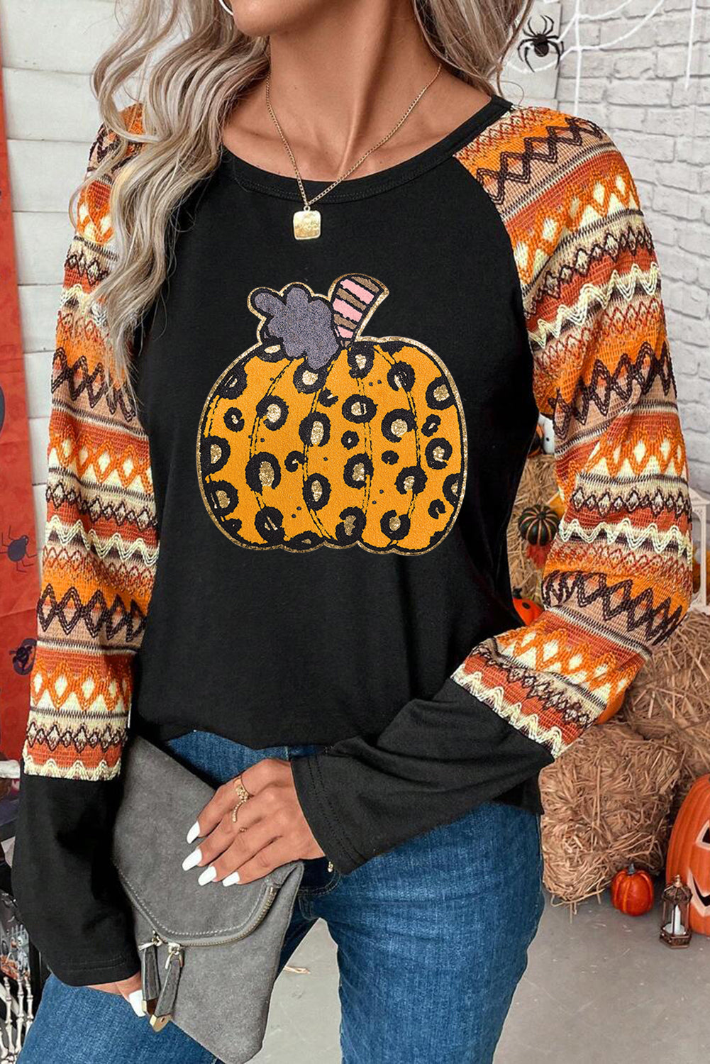 Leopard Pumpkin Patched Contrast Long Sleeve Top