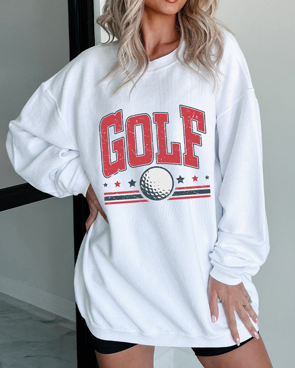 GOLF Ball Print Ribbed Drop Shoulder Baggy Sweatshirt