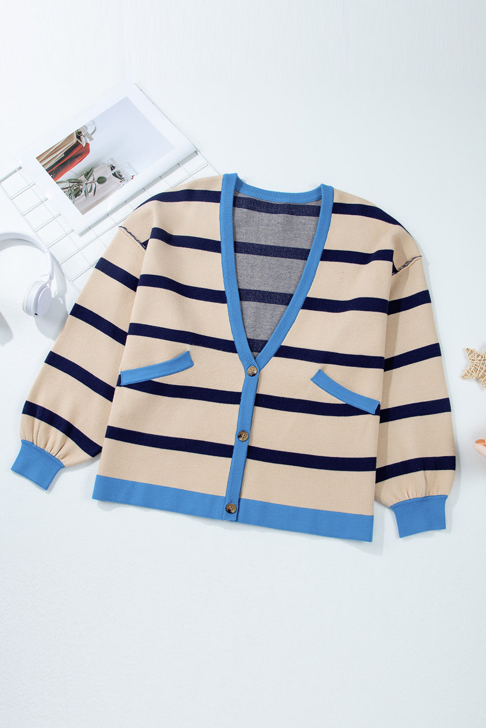 Colorblock Drop Shoulder Buttoned Loose Cardigan