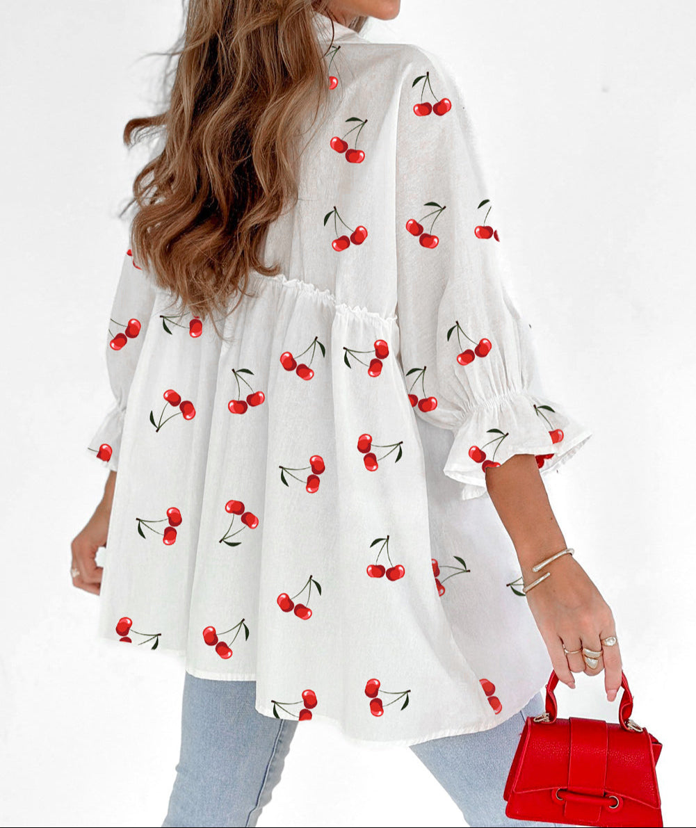 Cherry Print Flounce Sleeve Collared Frilled Babydoll Blouse