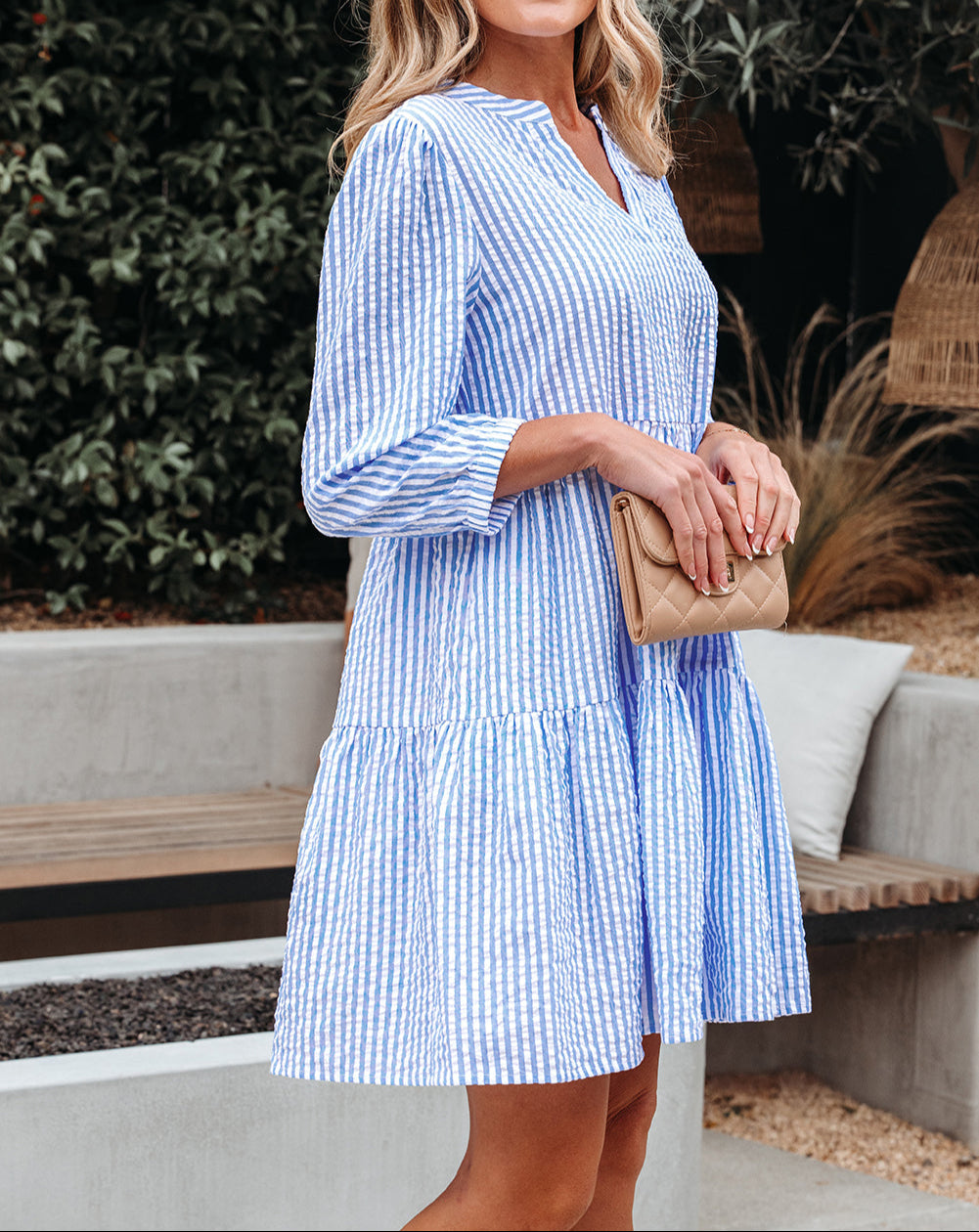 Stripe Bracelet Sleeve Tiered Shift Dress with Pockets