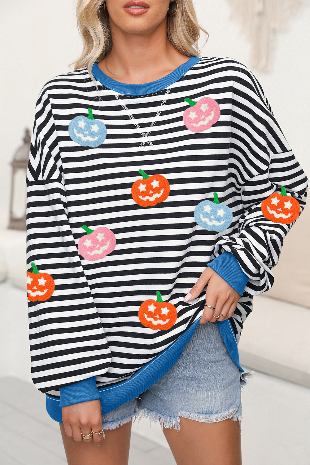 Pumpkin Face Patched Pattern Crew Neck Sweatshirt