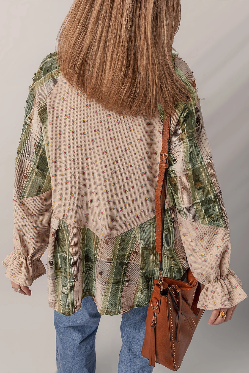 Patchwork Distressed Detail Ruffled Sleeve Waffle Knit Shacket