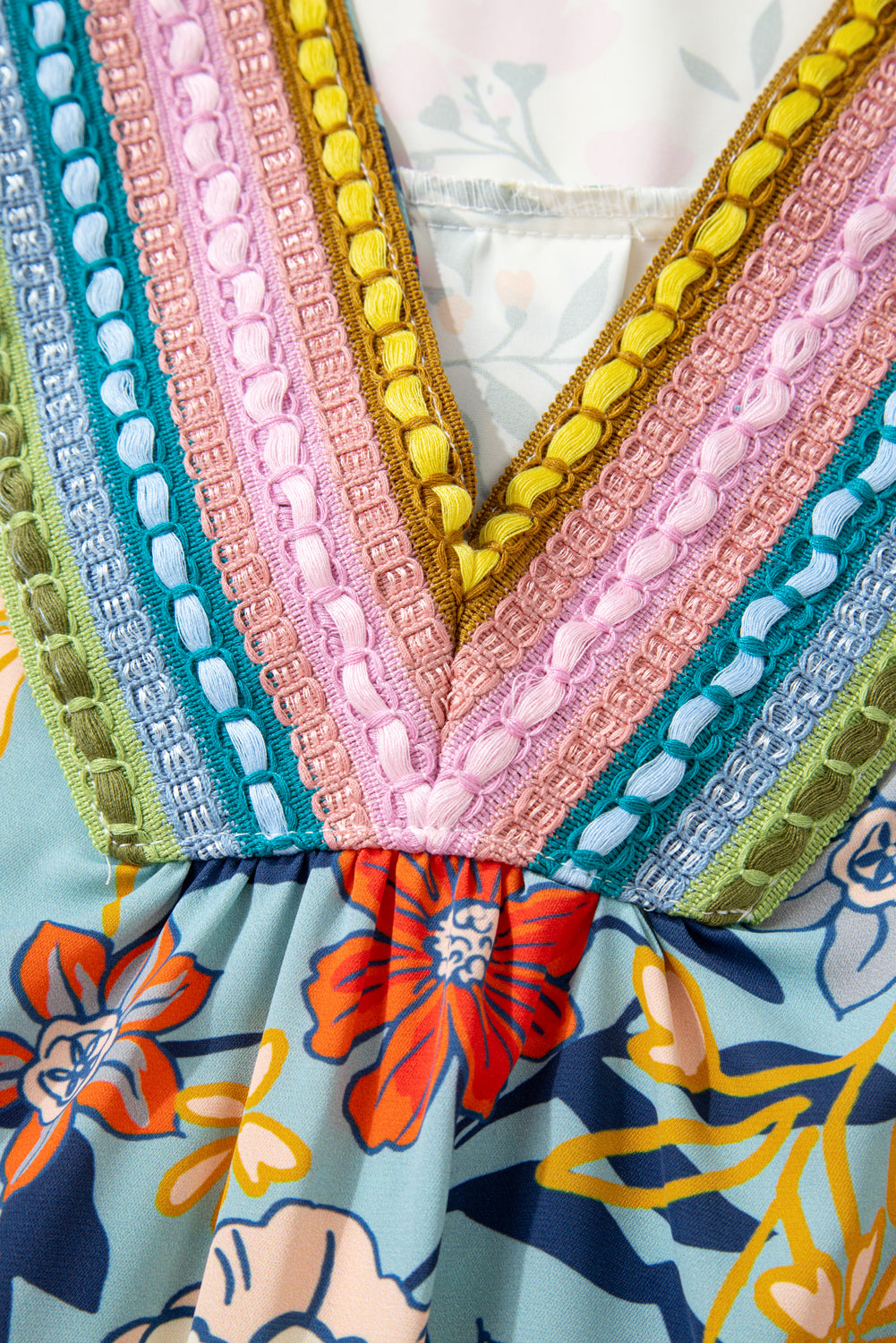 Floral Print Ruffled Long Sleeve Crochet Trim V Neck Blouse