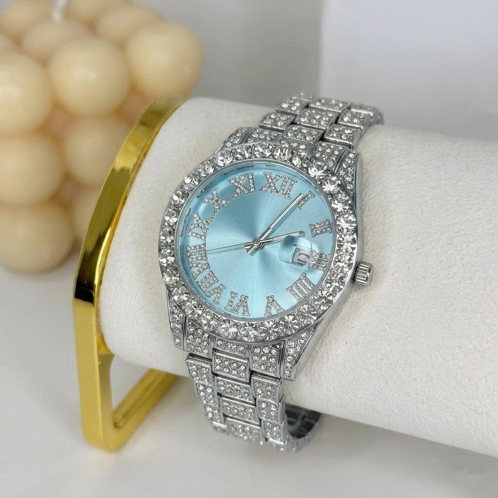 Diamond Silver Blue Band Watch