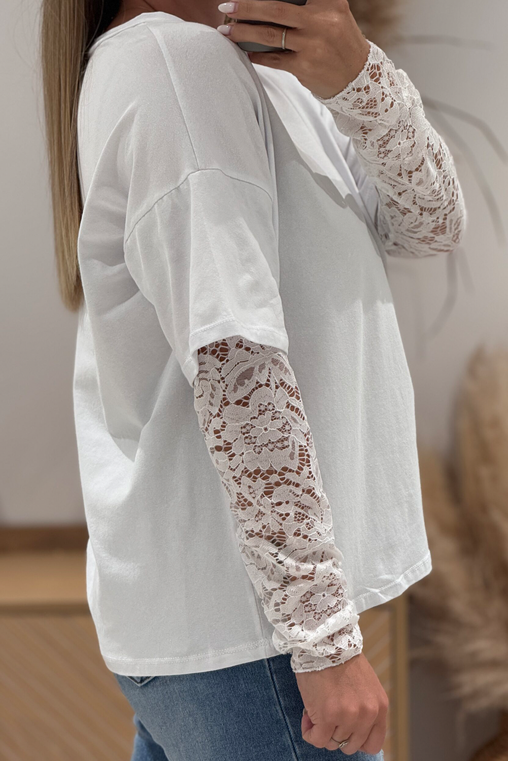 Lace Patchwork Long Sleeve Crew Neck Plus Size Top