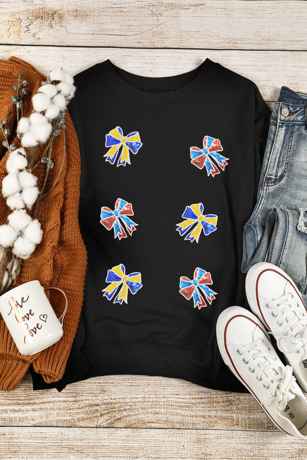 Shimmering Bow Patched Pattern Game Day Sweatshirt