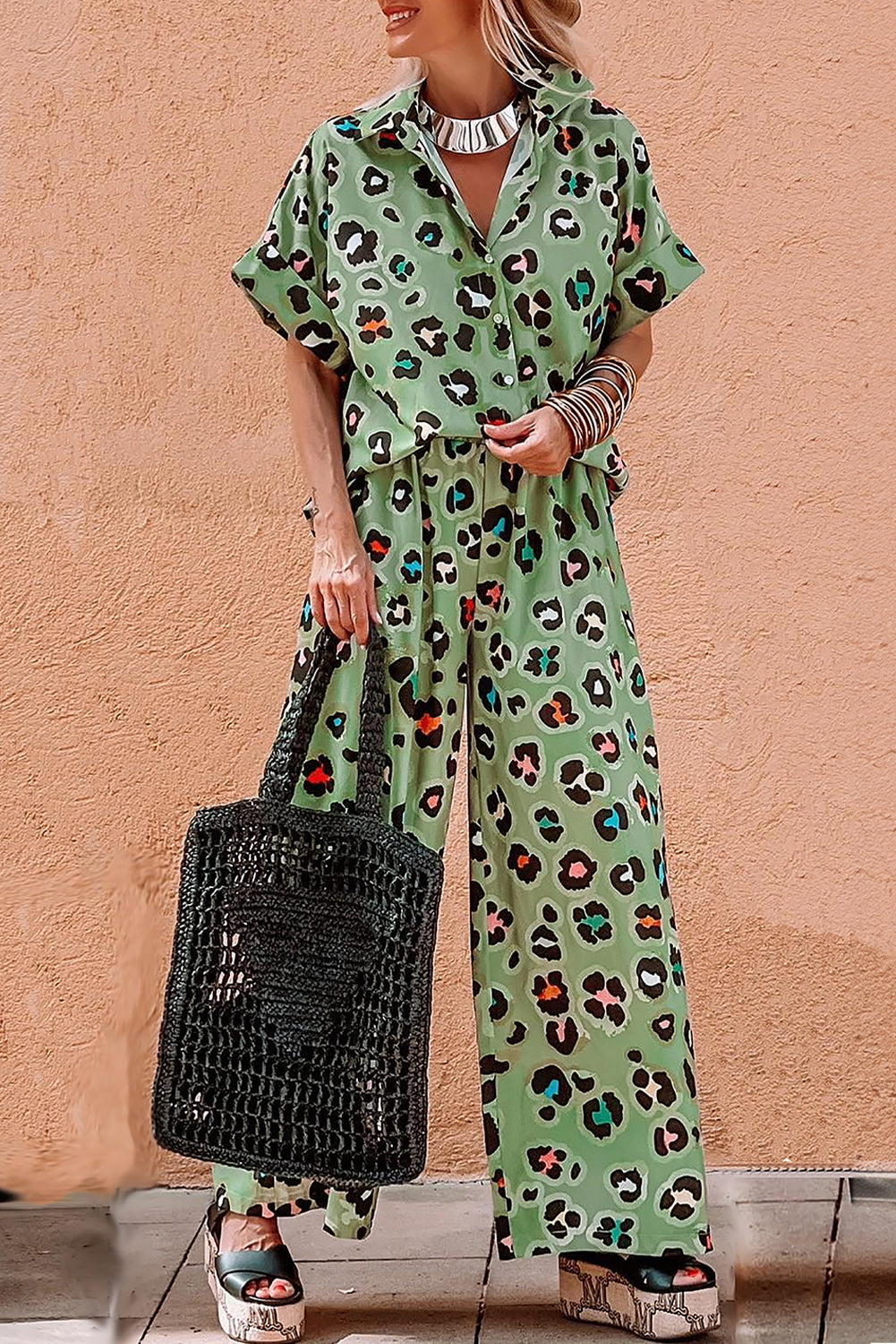 Leopard Print Shirt and Wide Leg Pants Set