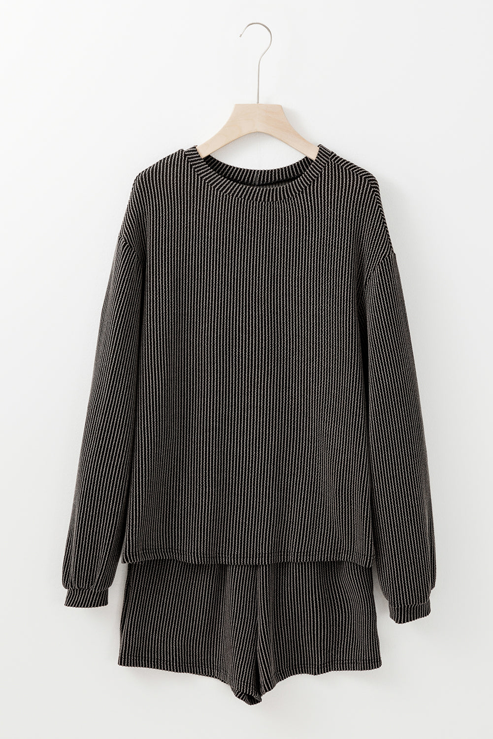 Corded Knit Long Sleeve Top and High Waist Shorts Set