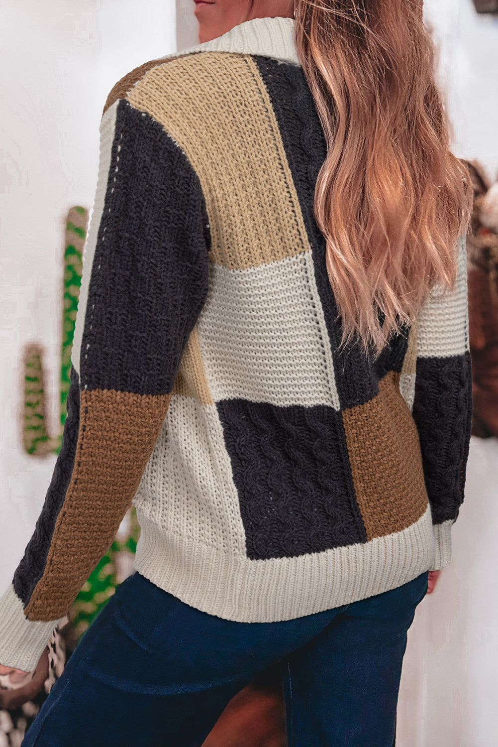 Block Cable Knit Sleeve Buttons Collared Sweater