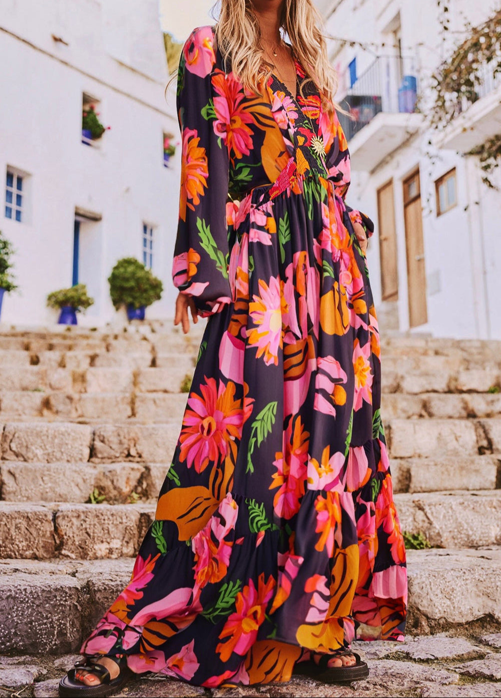 Floral Print Smocked Detail V Neck Puff Sleeve Flowy Maxi Dress