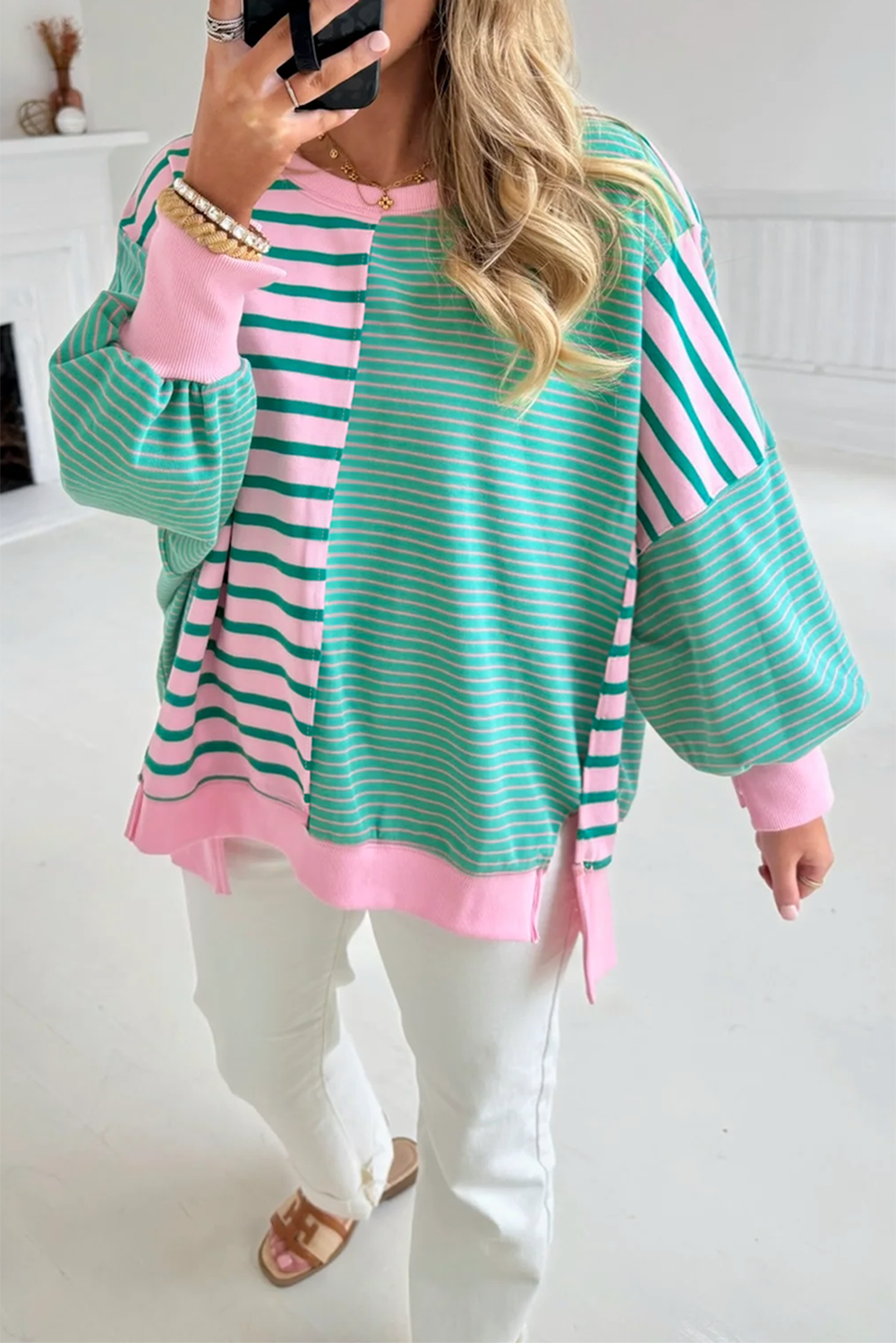 Mix Pattern Color Block Patchwork Side Slit Baggy Sweatshirt