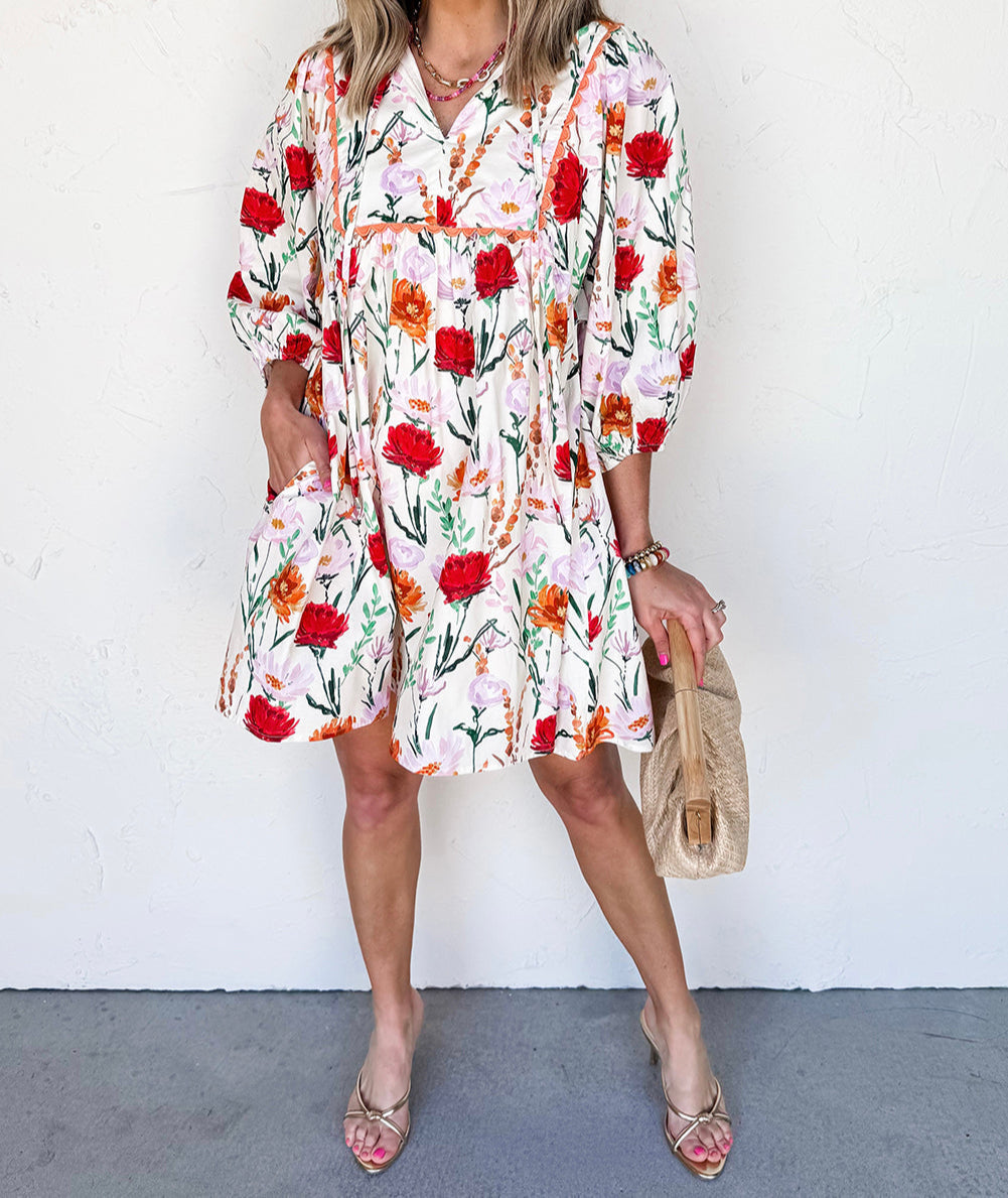 Floral Print 3/4 Puff Sleeve Ricrac Trim Mini Dress