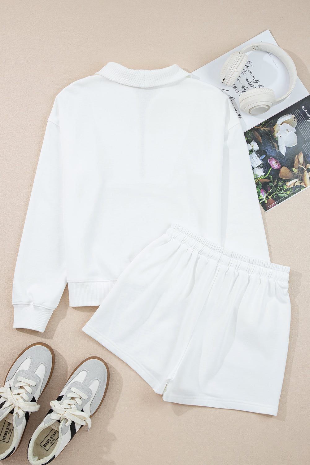 Ribbed Collar Drop Shoulder Sweatshirt and Shorts Set