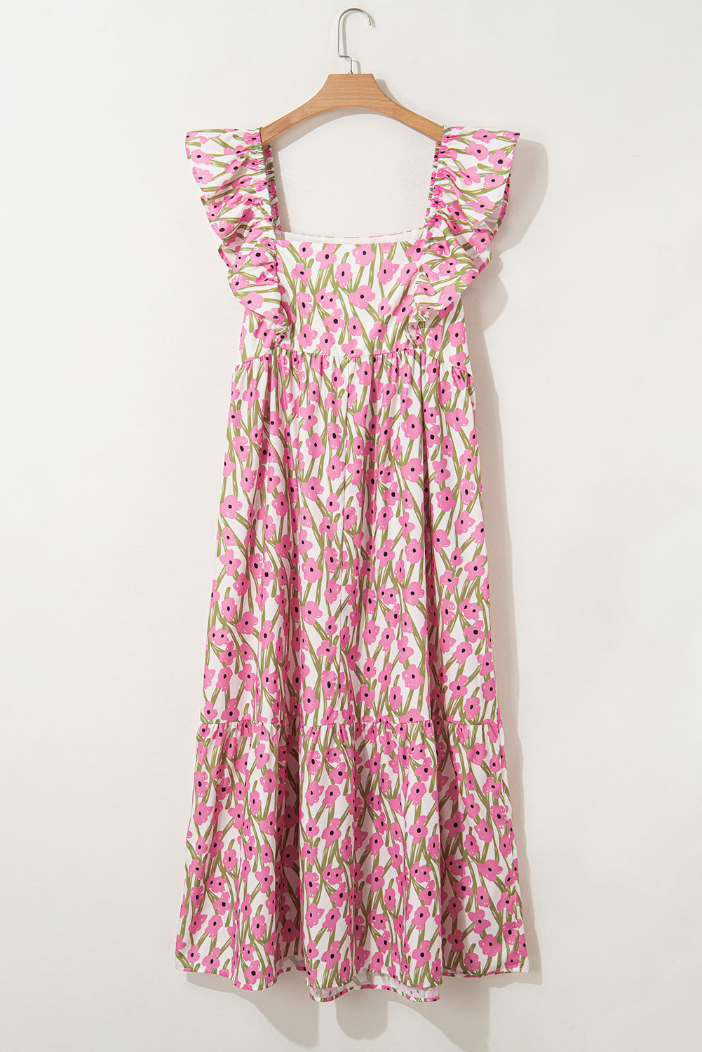 Plus Size Ruffle Trim Square Neck High Waist Floral Maxi Dress