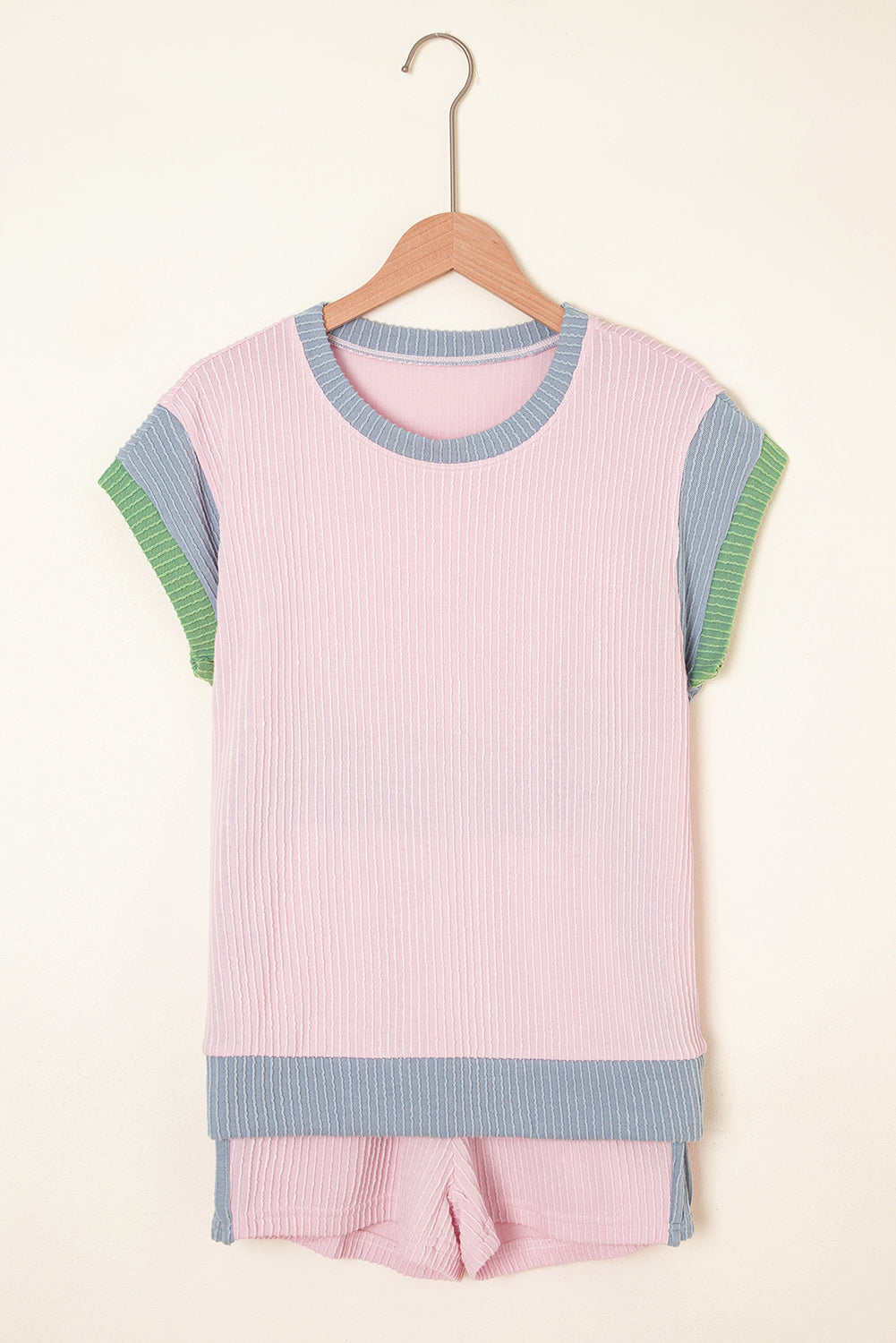 Corded Knit Contrast Trim Round Neck Cap Sleeve 2pcs Short Set