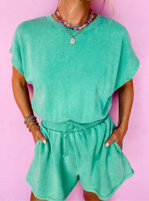Mist Blue Mineral Wash Drawstring Waist Hollow Out Back Short Sleeve Romper
