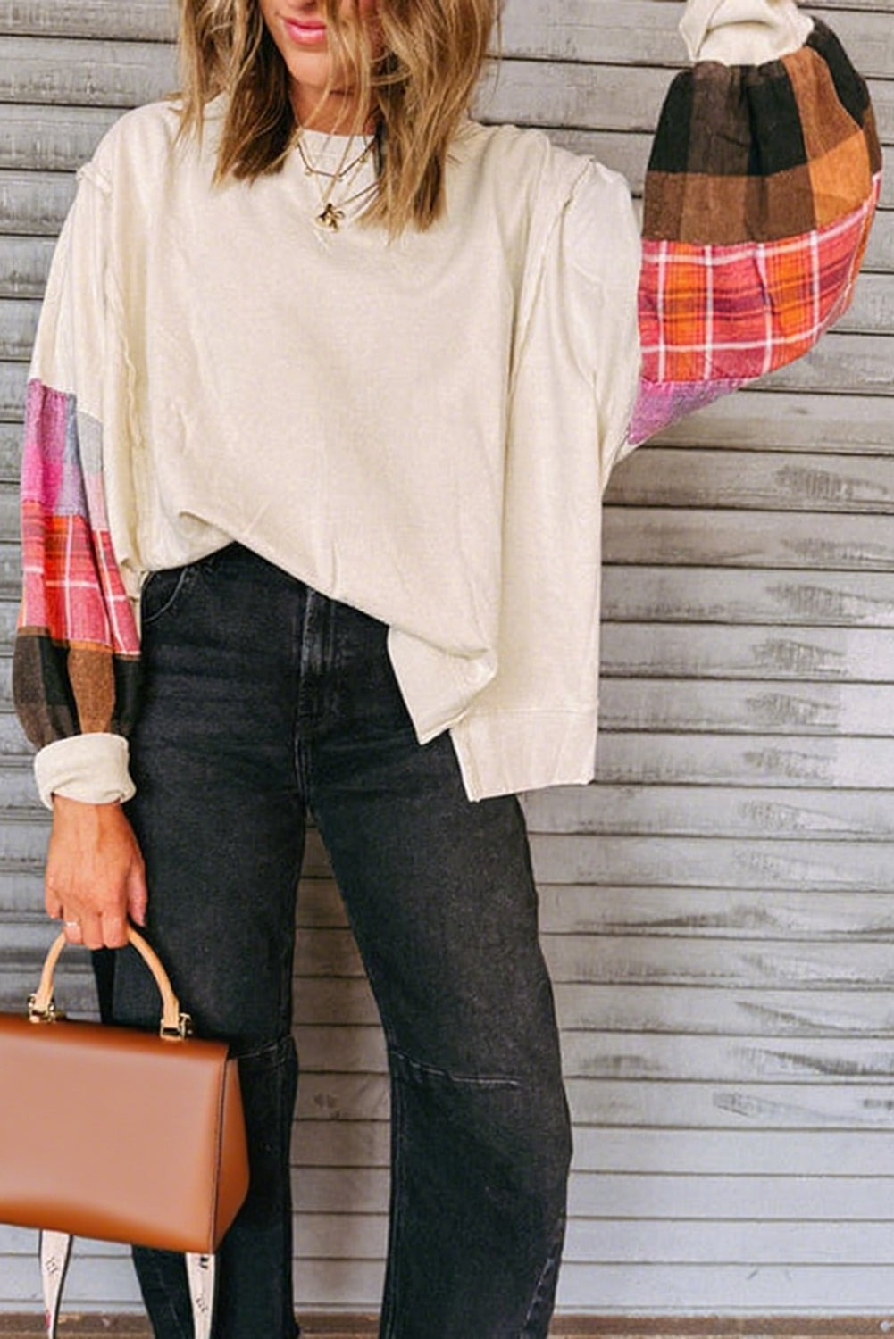 Contrast Plaid Long Sleeve Exposed Seam Patchwork Top