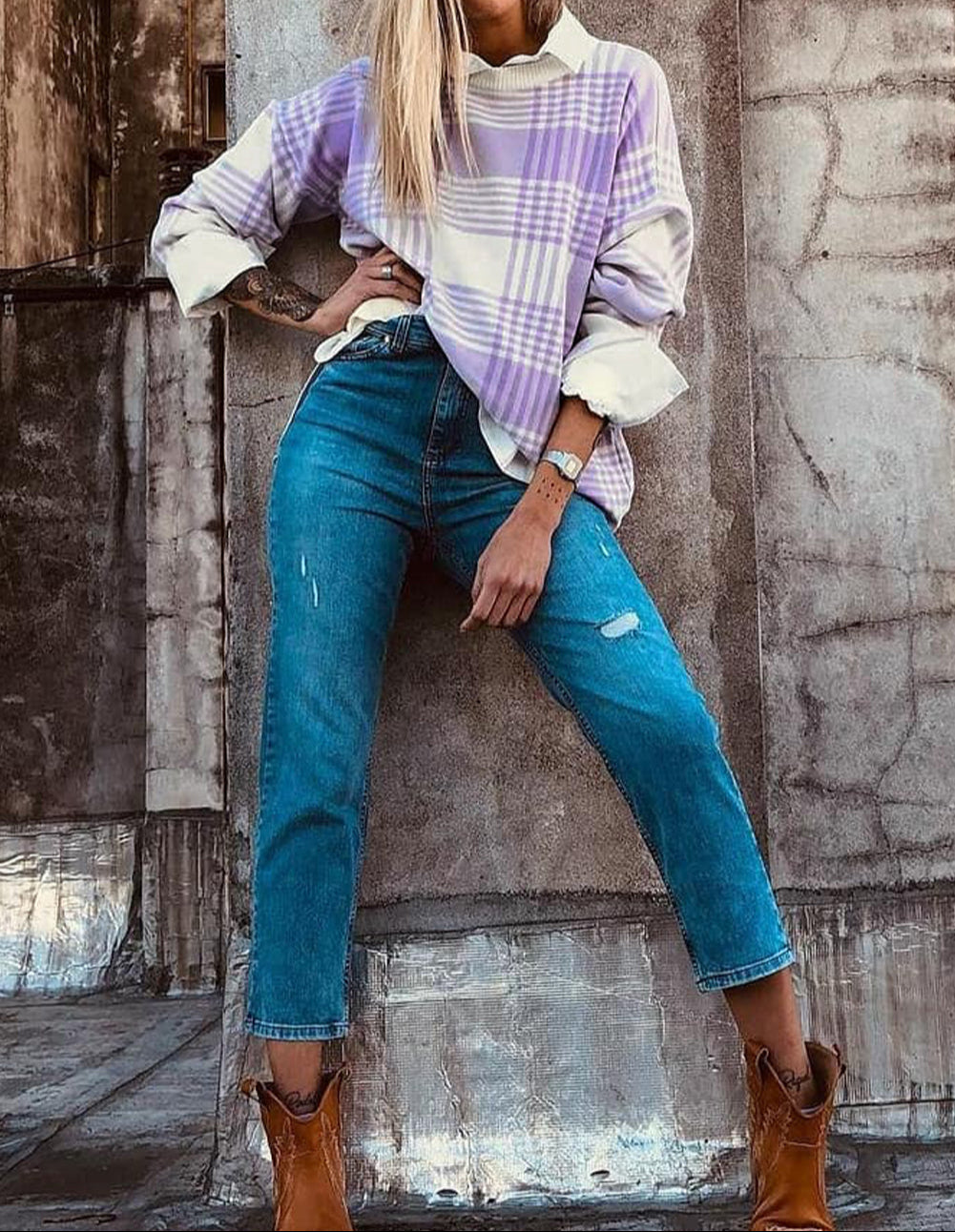 Plaid Print Ribbed Trim Loose Sweater