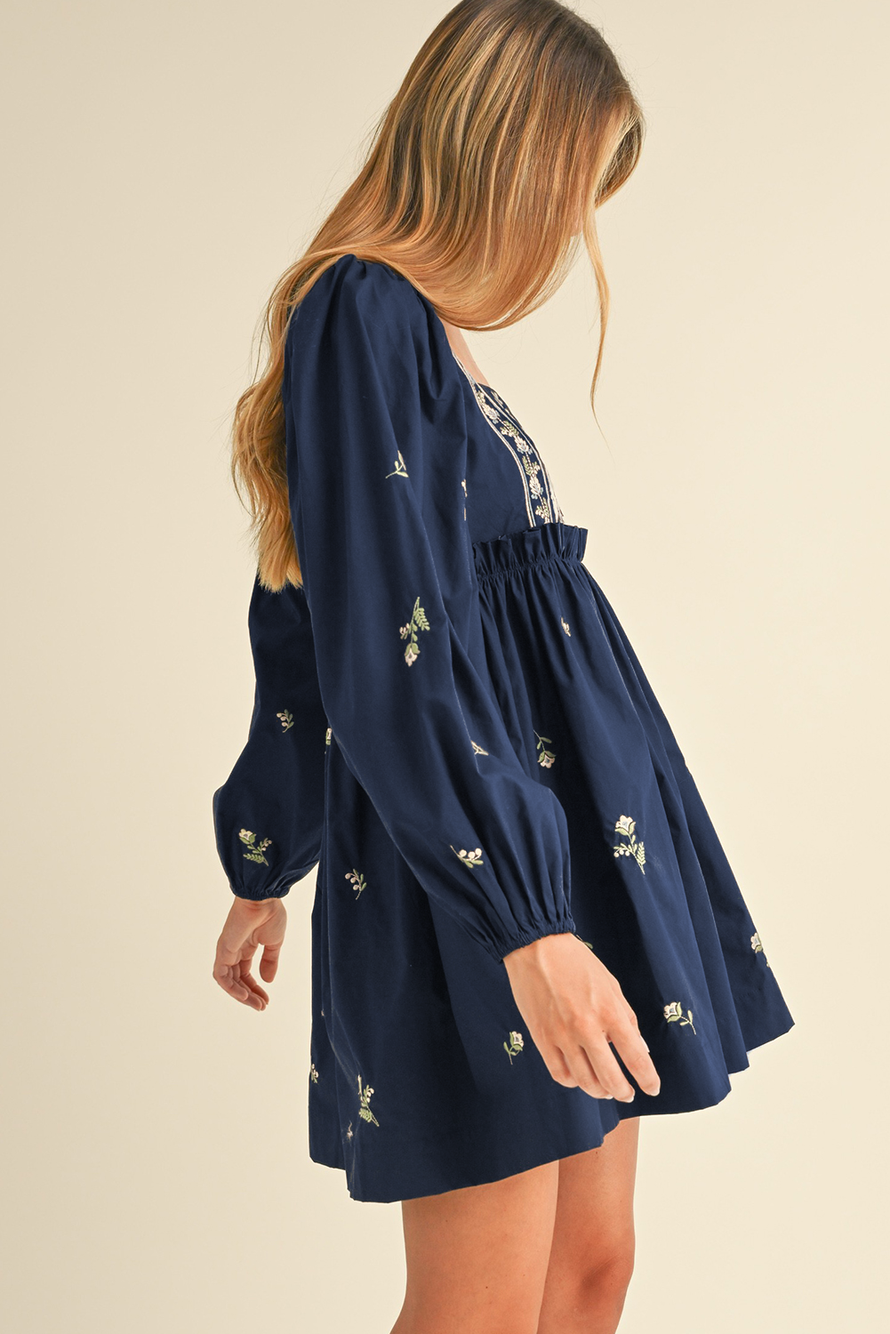 Floral Embroidered Square Neck Puff Sleeve Ruffled Mini Dress