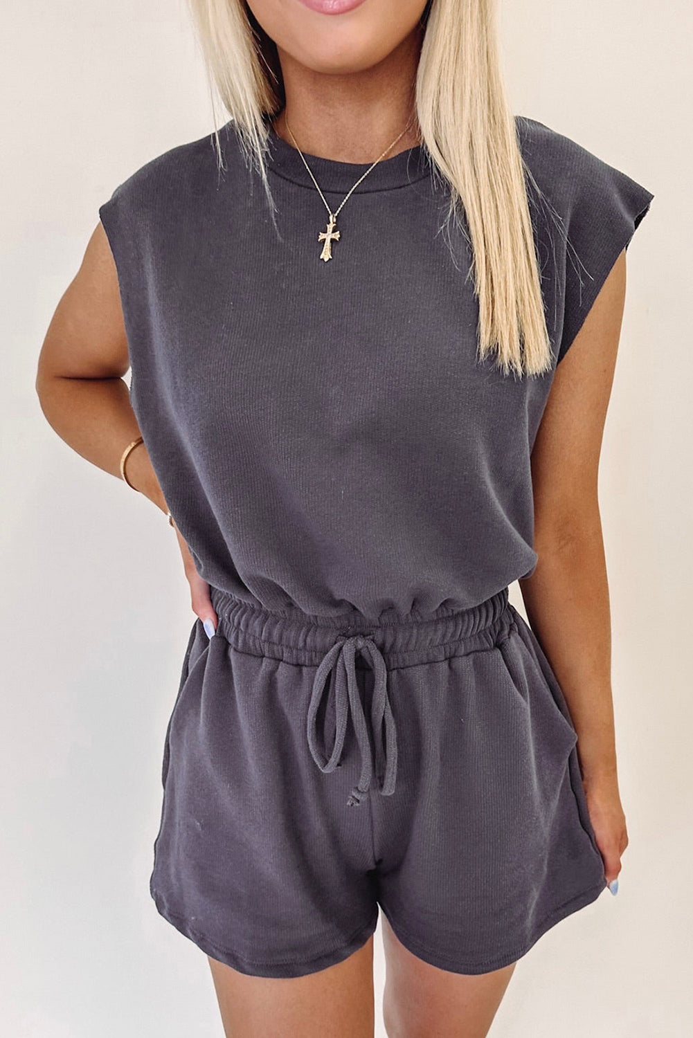 Open Back Cap Sleeve Drawstring Romper