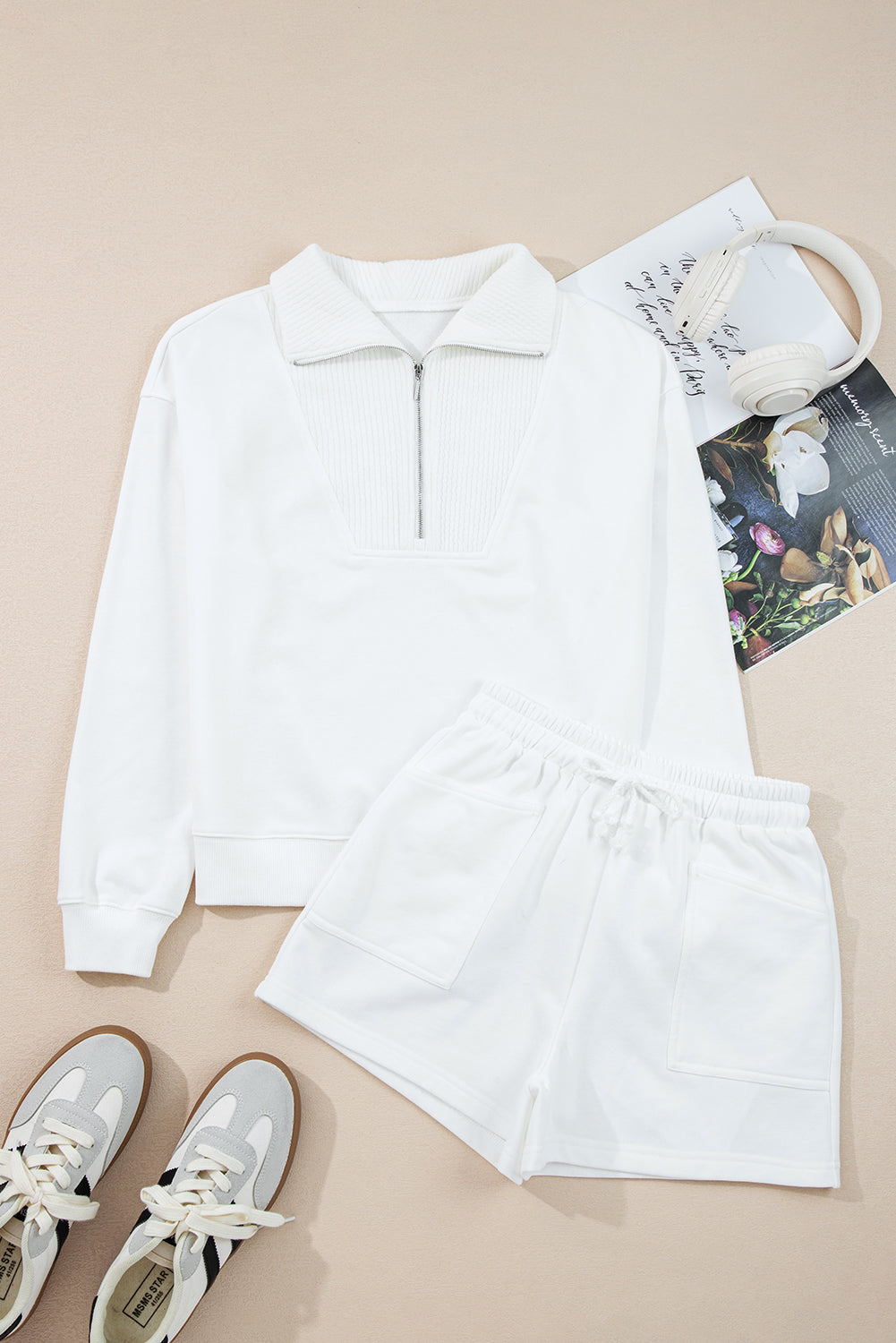 Ribbed Collar Drop Shoulder Sweatshirt and Shorts Set