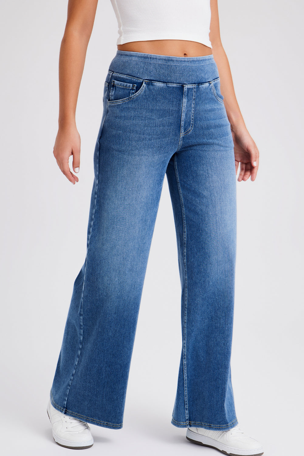 Elastic Waistband Pull On Wide Leg Jeans