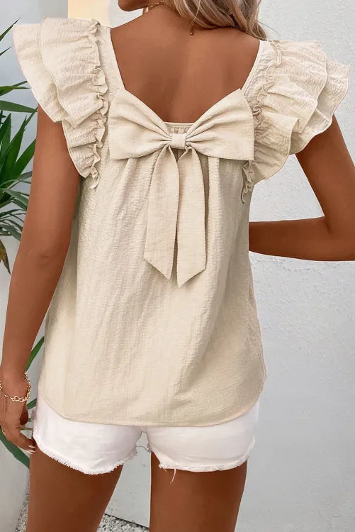 Pink Textured Bow Knot Frilled Butterfly Sleeve Blouse