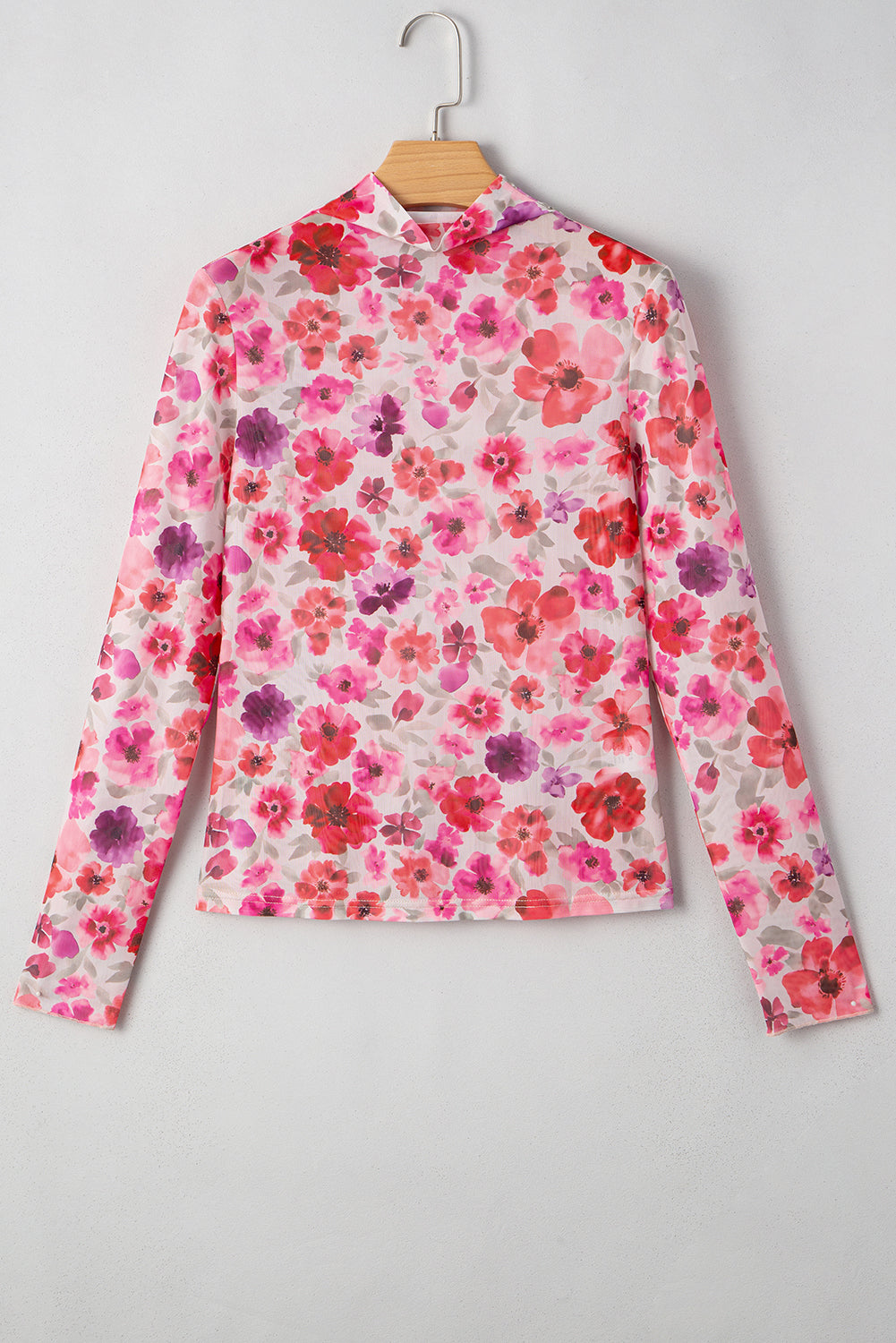 Floral Print Long Sleeve Slim Fit Mesh Top