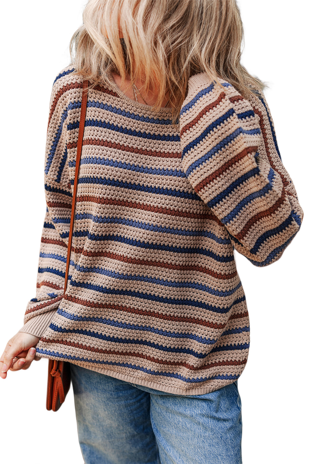 Striped Knitted Drop Shoulder Round Neck Sweater