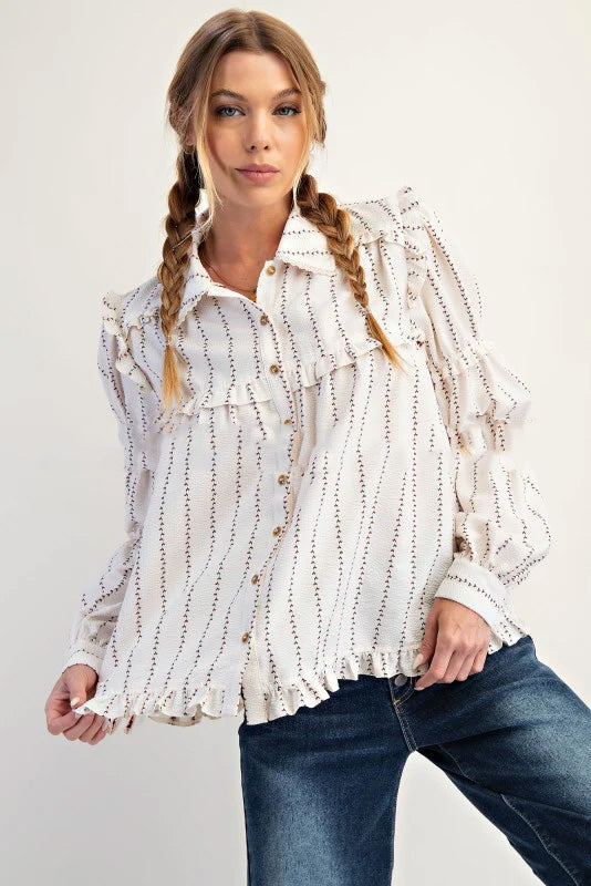 Women's Ruffled Long-sleeved Striped Shirt Jacket