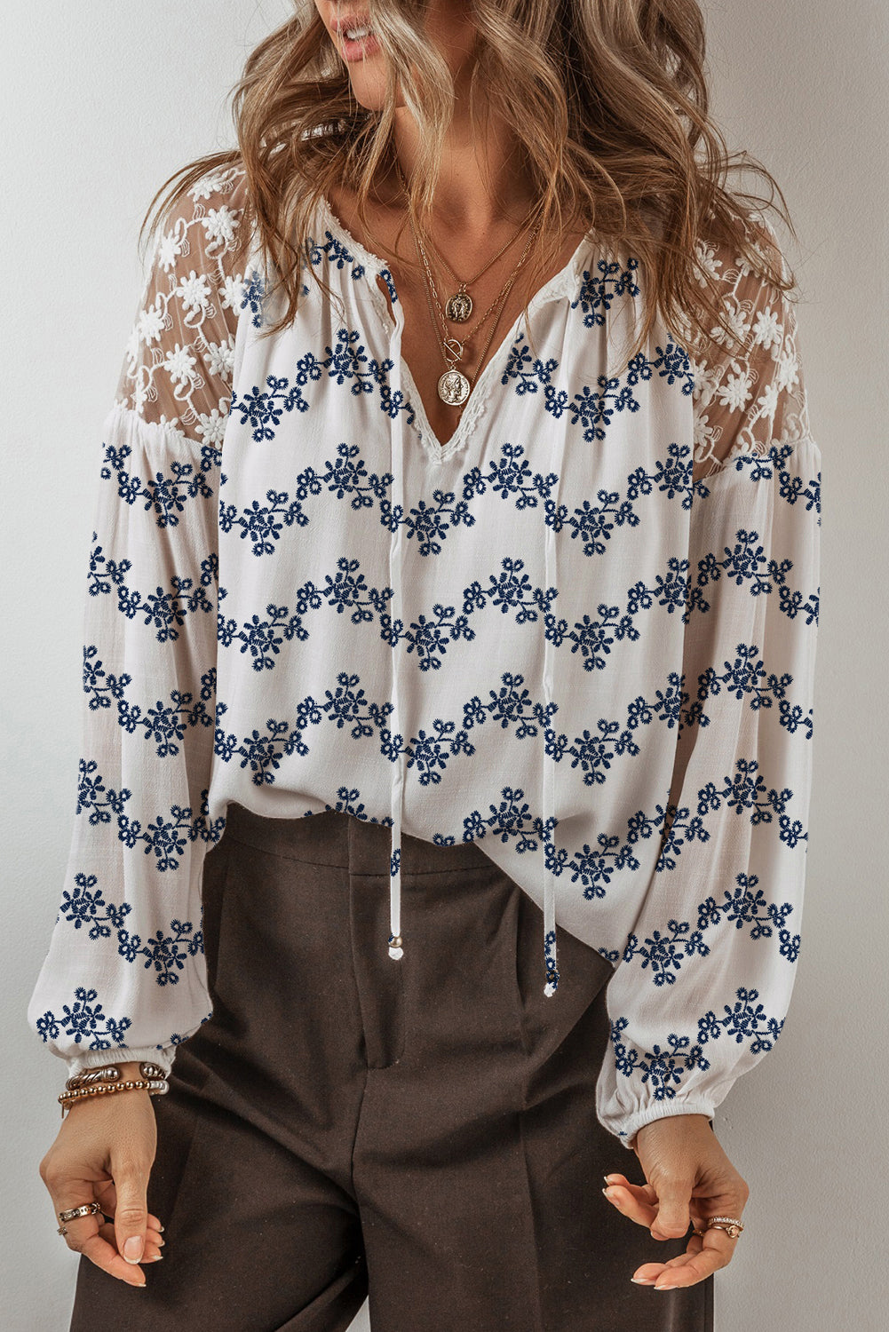 Lace Patchwork Floral Bubble Sleeve V Split Neck Blouse