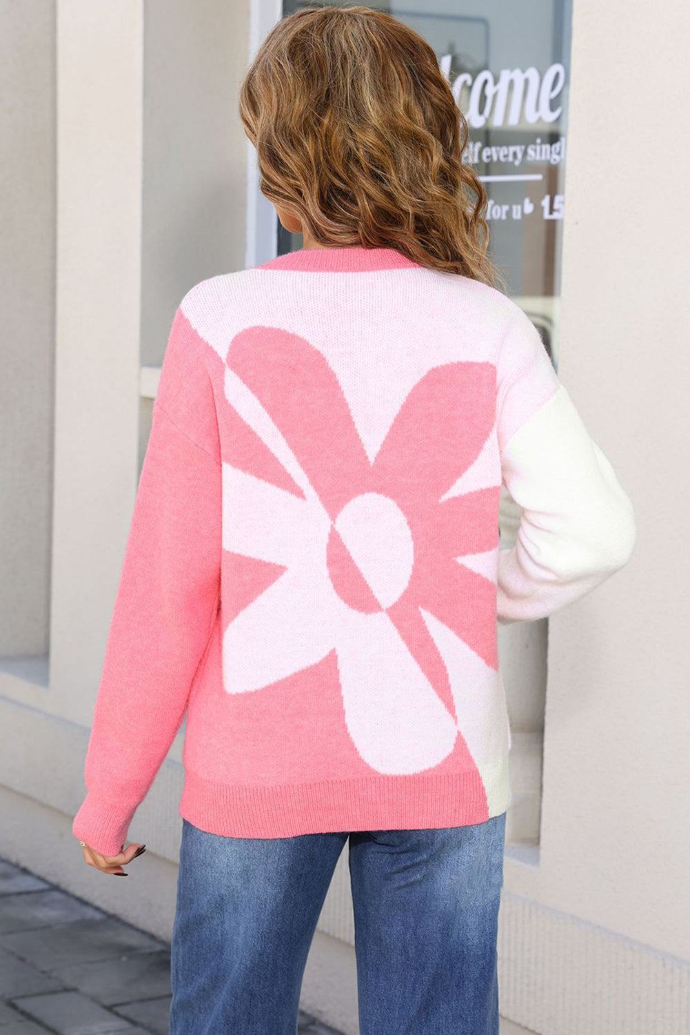2-tone Contrast Flower Pattern Drop Shoulder Bulk Sweater