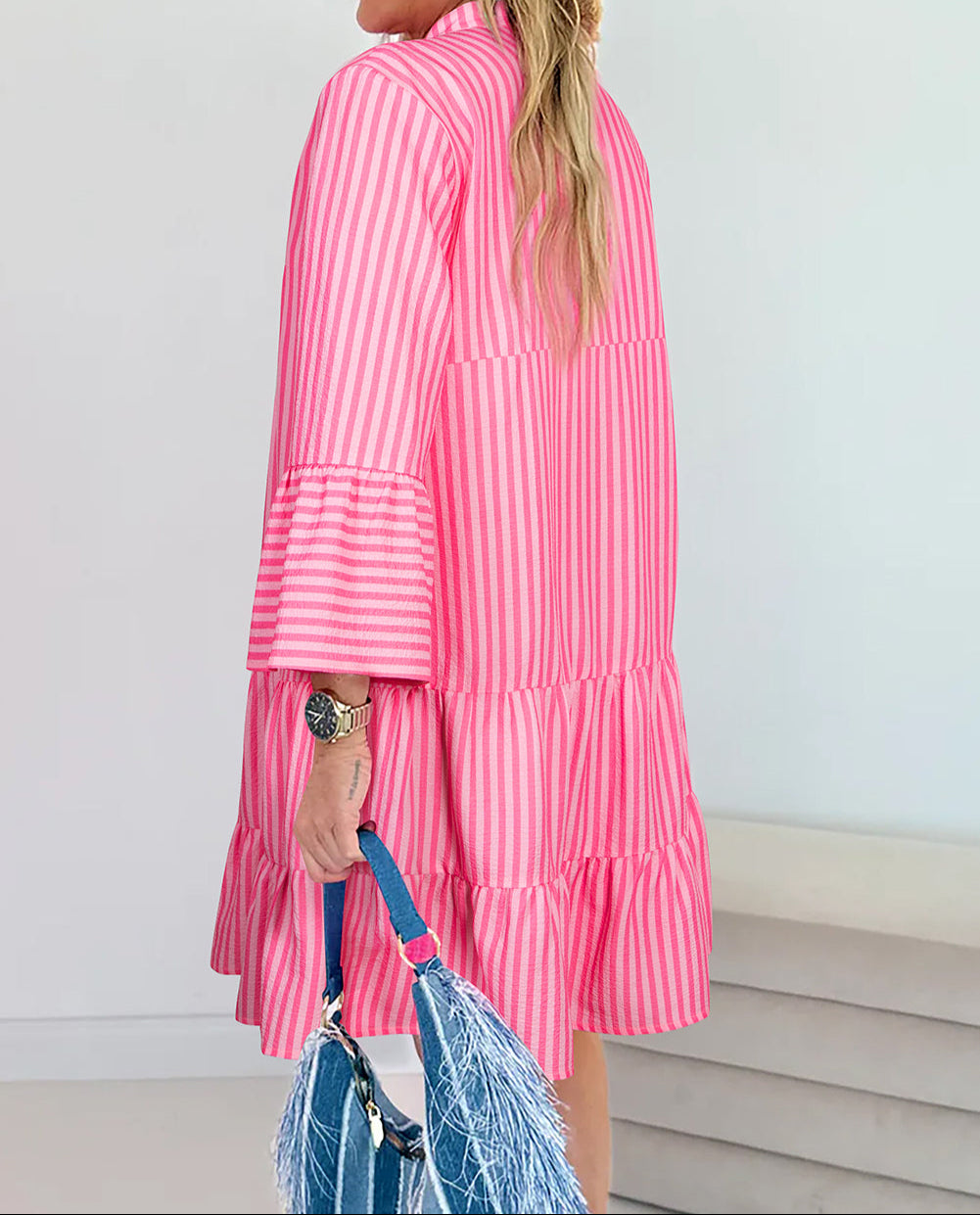 Stripe Flare Sleeve Half Placket Tiered Flowy Mini Dress